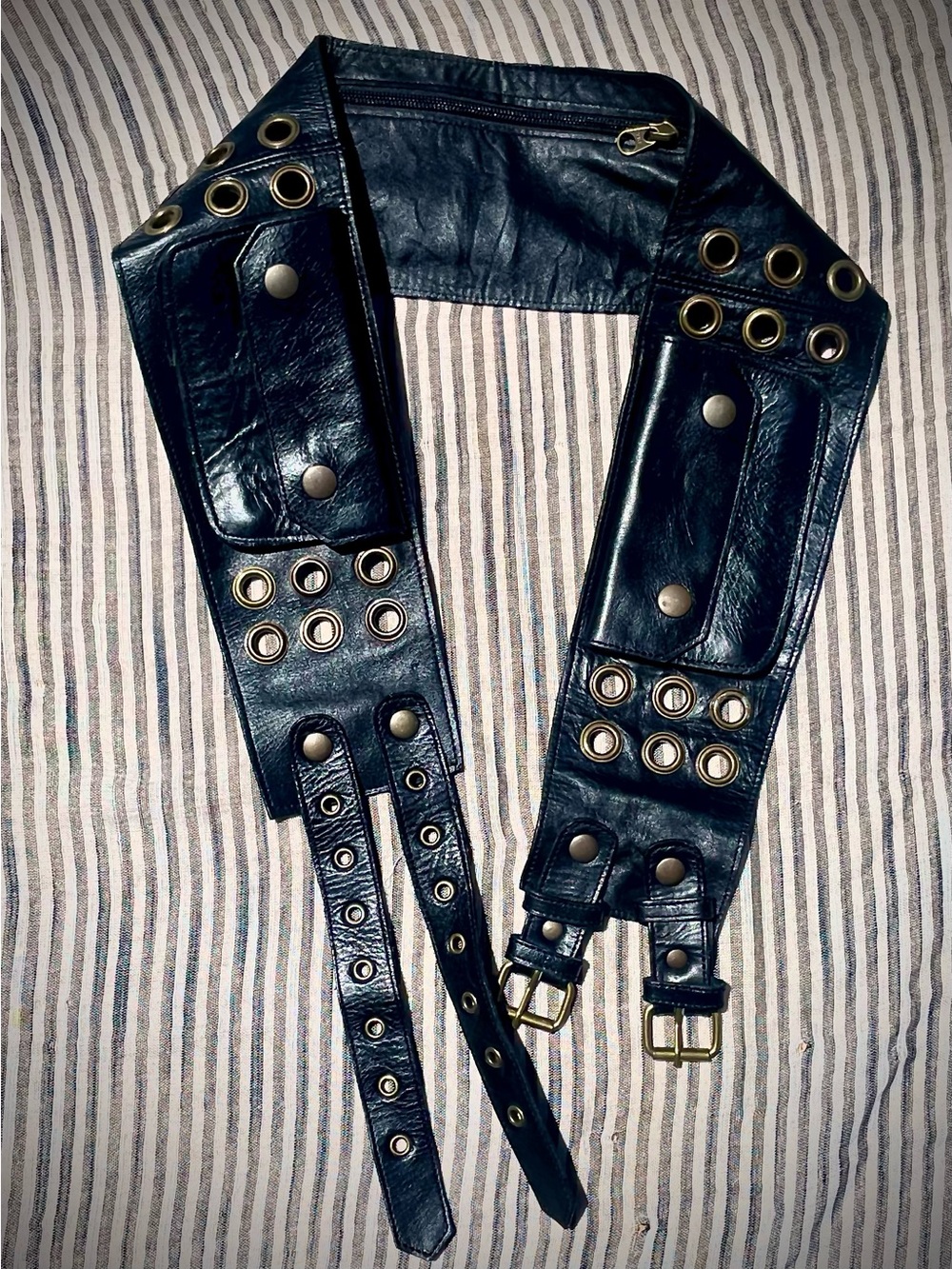 Black Leather Grommet Waist Belt with Buckles
